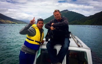  KM MEDIA: The Best of NZ With Nick Honeyman. Cheif Nick Honeyman and me on location at Mussel Farms in the South Island 